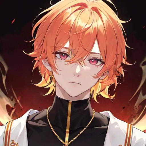 Prompt: He has short golden hair that is as bright as the sun. His hair is tied into a knot and looks a bit messy, but it is still fashionable. His hair on the left and right sides was slightly raised. His hair had a blood red highlight on the right side. His left eye is pink and his right eye is blood red. He has a translucent horn with blood-red liquid inside. He wears a candy-shaped pink earring on his left ear. He is wearing a pink scarf.