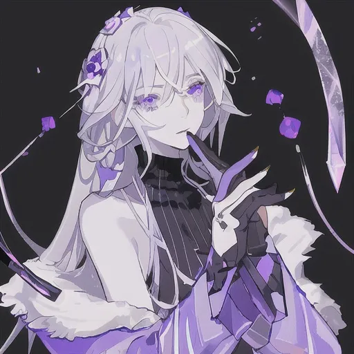 Prompt: He has sharp silver-gray hair and eyes, cold white skin, amethyst decoration, and purple nails. He was wearing a lavender coat with a sleeveless high-necked waistless top. He has fingerless gloves.