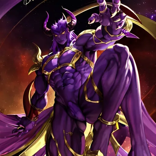 Prompt: He is a muscular humanoid alien with a purple complexion, a long tail, horns, clawed hands and feet, and wears his signature golden armor with purple and red gear.