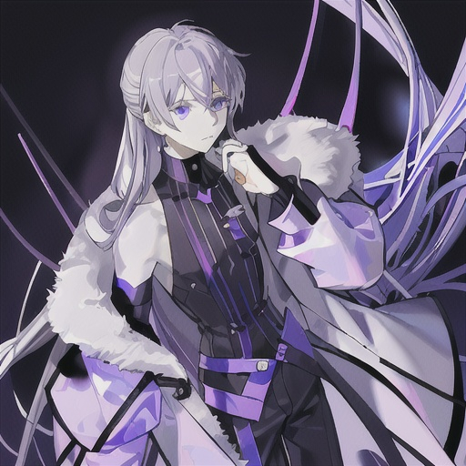 Prompt: He has light blue-purple to gray hair, gray-to-gray lavender eyes, cool white skin, and lavender purple nails.
He wears a light gray-purple coat with dark blue-purple trimmings, a purple-black sleeveless high-necked waistless top, white and purple fingerless gloves (with amethyst decoration in the middle), and black tight trousers.