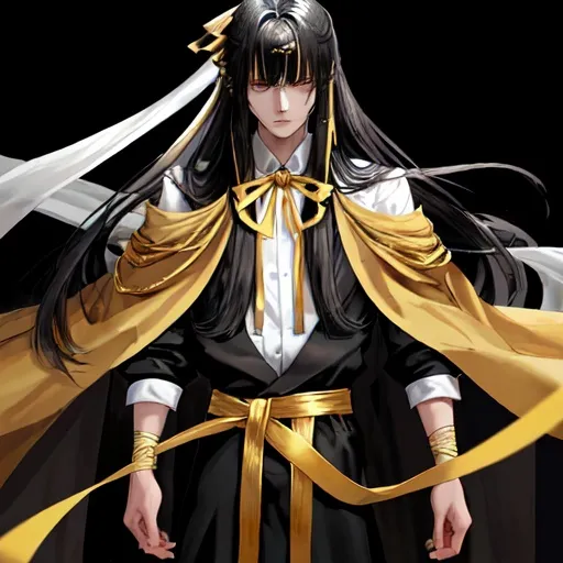 Prompt: His long black hair was wrapped in cloth, leaving two bunches of golden ribbons. One of his bangs on the right side is blonde. There are two golden hairpins in his black bun. He has golden eyes. He was wearing a three-layered robe of white, black and gold, with a golden belt tied around his waist and a knife in it. His neck and hands were tied with red ribbons.