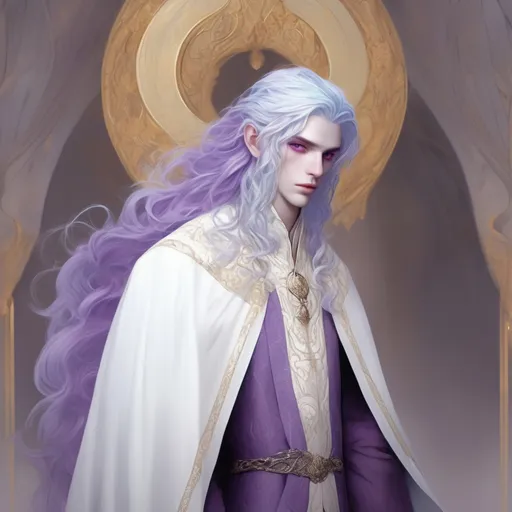 Prompt: His light blue-purple hair stands out against his white skin and gray-purple eyes. His cool white skin seemed to create a calm and soft feeling, like an ethereal or ethereal feeling. He wore an ornate purple and white outfit with gold trim and a red cloak trailing behind him. His long, pointed tail is curled behind him