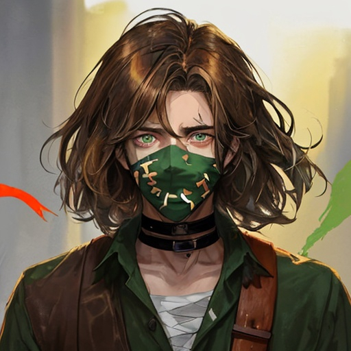 Prompt: He has brown hair and dark green pupils. His face was covered with colorful bandages.