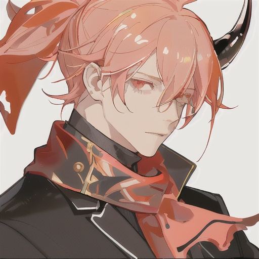 Prompt: He has short golden hair that is as bright as the sun. His hair is tied into a knot and looks a bit messy, but it is still fashionable. His hair on the left and right sides was slightly raised. His hair had a blood red highlight on the right side. His left eye is pink and his right eye is blood red. He has a translucent horn with blood-red liquid inside. He wears a candy-shaped pink earring on his left ear. He is wearing a pink scarf.