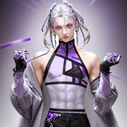 Prompt: He has light blue-purple to gray hair, gray-to-gray lavender eyes, cool white skin, and lavender purple nails.
He wears a light gray-purple coat with dark blue-purple trimmings, a purple-black sleeveless high-necked waistless top, white and purple fingerless gloves (with amethyst decoration in the middle), and black tight trousers.