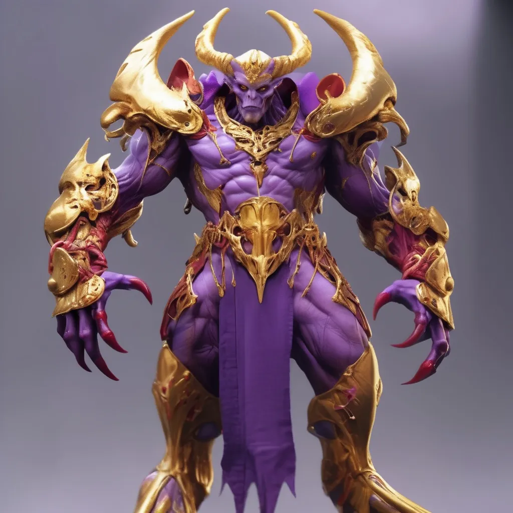 Prompt: He is a muscular humanoid alien with a purple complexion, a long tail, horns, clawed hands and feet, and wears his signature golden armor with purple and red gear.