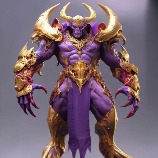 Prompt: He is a muscular humanoid alien with a purple complexion, a long tail, horns, clawed hands and feet, and wears his signature golden armor with purple and red gear.