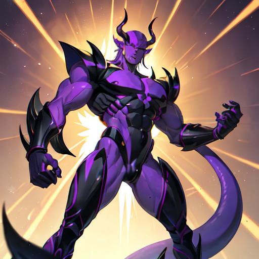 Prompt: He is a muscular humanoid alien with a purple complexion, a long tail, horns, clawed hands and feet, and wears his signature golden armor with purple and red gear.