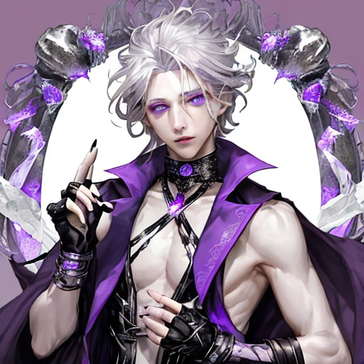 Prompt: He has sharp silver-gray hair and eyes, cold white skin, amethyst decoration, and purple nails. He was wearing a lavender coat with a sleeveless high-necked waistless top. He has fingerless gloves.