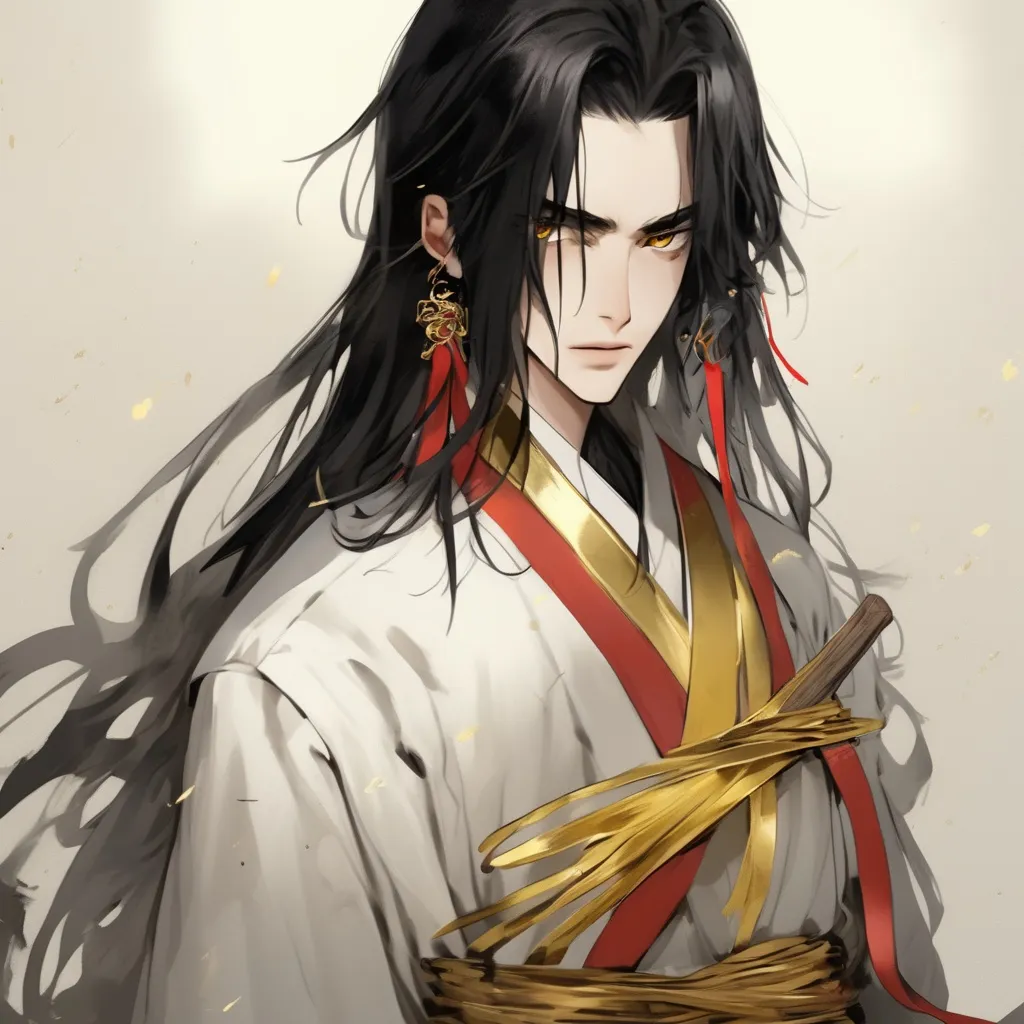 Prompt: His long black hair was wrapped in cloth, leaving two bunches of golden ribbons. One of his bangs on the right side is blonde. There are two golden hairpins in his black bun. He has golden eyes. He was wearing a three-layered robe of white, black and gold, with a golden belt tied around his waist and a knife in it. His neck and hands were tied with red ribbons.