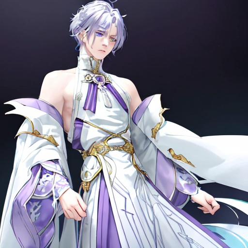 Prompt: His light blue-purple hair stands out against his white skin and gray-purple eyes. His cool white skin seemed to create a calm and soft feeling, like an ethereal or ethereal feeling. He wore an ornate purple and white outfit with gold trim and a red cloak trailing behind him. His long, pointed tail is curled behind him