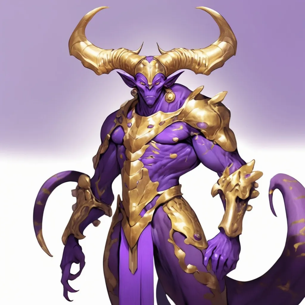 Prompt: He is a muscular humanoid alien with a purple complexion, a long tail, horns, clawed hands and feet, and wears his signature golden armor with purple and red gear.