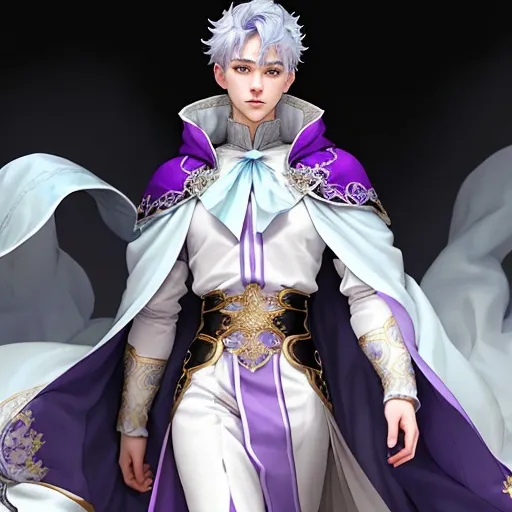 Prompt: His light blue-purple hair stands out against his white skin and gray-purple eyes. His cool white skin seemed to create a calm and soft feeling, like an ethereal or ethereal feeling. He wore an ornate purple and white outfit with gold trim and a red cloak trailing behind him. His long, pointed tail is curled behind him