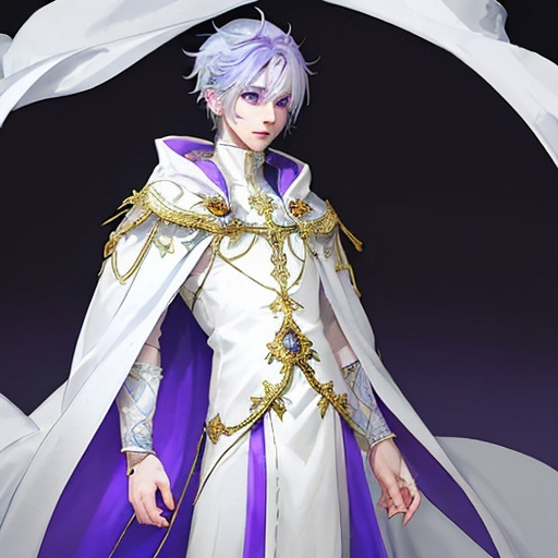 Prompt: His light blue-purple hair stands out against his white skin and gray-purple eyes. His cool white skin seemed to create a calm and soft feeling, like an ethereal or ethereal feeling. He wore an ornate purple and white outfit with gold trim and a red cloak trailing behind him. His long, pointed tail is curled behind him