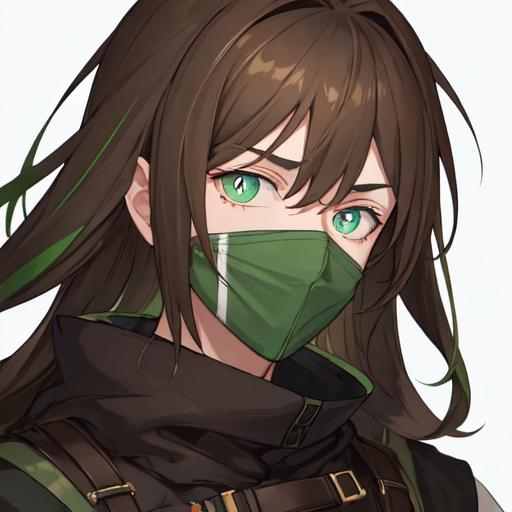 Prompt: He has brown hair and dark green pupils. His face was covered with colorful bandages.