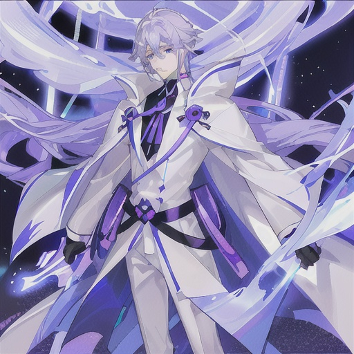 Prompt: His light blue-purple hair stands out against his white skin and gray-purple eyes. His cool white skin seemed to create a calm and soft feeling, like an ethereal or ethereal feeling. He wore an ornate purple and white outfit with gold trim and a red cloak trailing behind him. His long, pointed tail is curled behind him