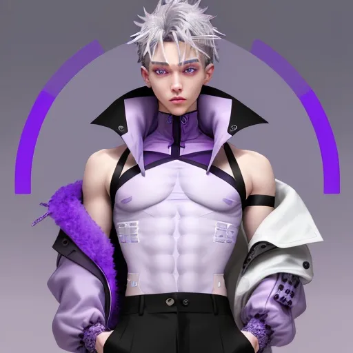 Prompt: He has light blue-purple to gray hair, gray-to-gray lavender eyes, cool white skin, and lavender purple nails.
He wears a light gray-purple coat with dark blue-purple trimmings, a purple-black sleeveless high-necked waistless top, white and purple fingerless gloves (with amethyst decoration in the middle), and black tight trousers.