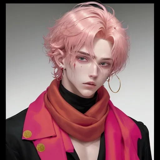 Prompt: He has short golden hair that is as bright as the sun. His hair is tied into a knot and looks a bit messy, but it is still fashionable. His hair on the left and right sides was slightly raised. His hair had a blood red highlight on the right side. His left eye is pink and his right eye is blood red. He has a translucent horn with blood-red liquid inside. He wears a candy-shaped pink earring on his left ear. He is wearing a pink scarf.