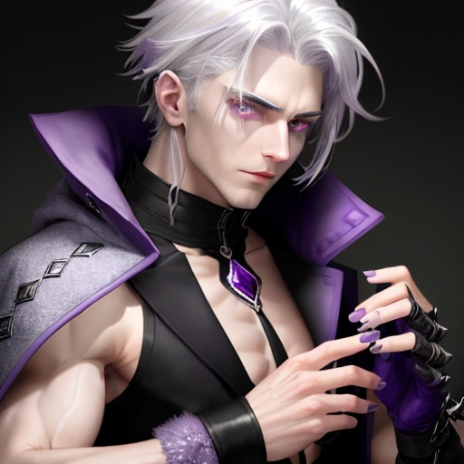 Prompt: He has sharp silver-gray hair and eyes, cold white skin, amethyst decoration, and purple nails. He was wearing a lavender coat with a sleeveless high-necked waistless top. He has fingerless gloves.