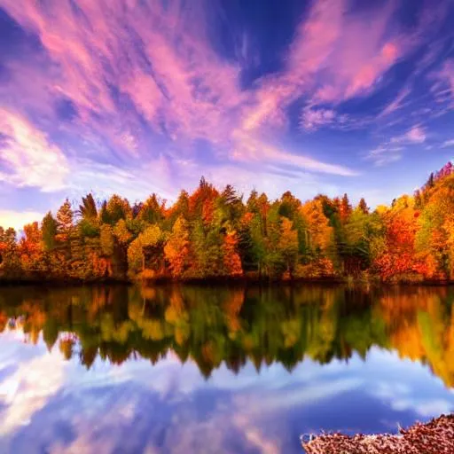 Prompt: long shot scenic professional photograph of the perfect Autumn sunset on a blue lake with reflection of the trees, perfect viewpoint, highly detailed, wide-angle lens, hyper realistic, with dramatic sky, polarizing filter, natural lighting, vivid colors, everything in sharp focus, HDR, UHD, 64K