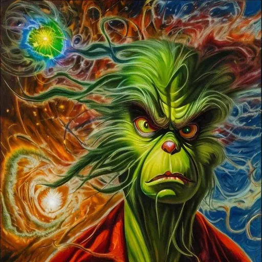Prompt: An expressionism Oil painting of Jim Carrey playing The Grinch depicted by explosion of a crab nebula 