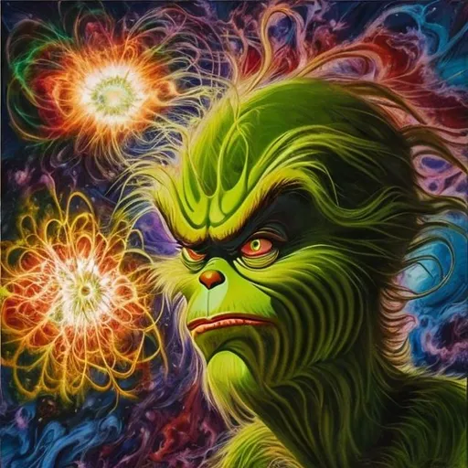 Prompt: An expressionism Oil painting of Jim Carrey playing The Grinch depicted by explosion of a crab nebula 