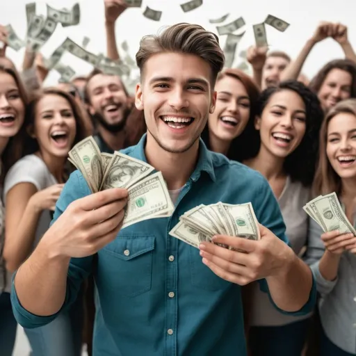 Prompt: Create a photograph with the photographer facing a happy crowd while they have 100 dollar bills in their hands 