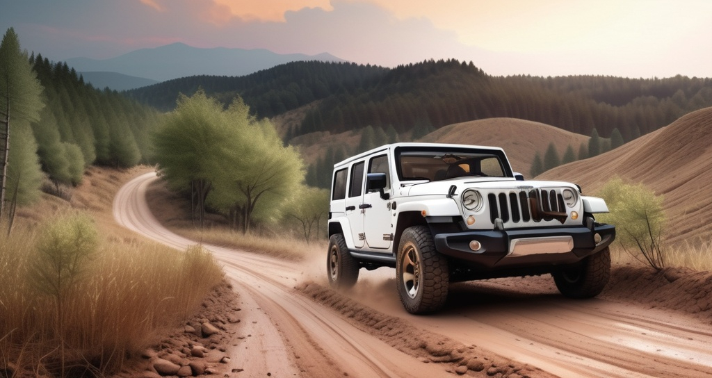 Prompt: (Anime style), jeep driving on a dirt road, surrounded by woods, panoramic mountain view in the background, warm hues of a setting sun casting soft light, (muted color scheme), (digital rendering), ultra wide angle perspective, serene atmosphere, intricate details in nature, emphasizing textures of the jeep and surrounding foliage, captivating composition, HD quality.