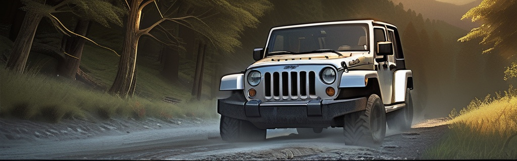 Prompt: (ultra wide angle) digital rendering, a rugged jeep navigating on a dirt road, surrounded by lush green woods, majestic mountains in the background, a breathtaking sunset casting warm golden hues across the sky, creating a serene atmosphere, high detail, cinematic depth, an adventurous spirit and tranquil mood inviting exploration, rich textures, ultra-detailed ambiance.