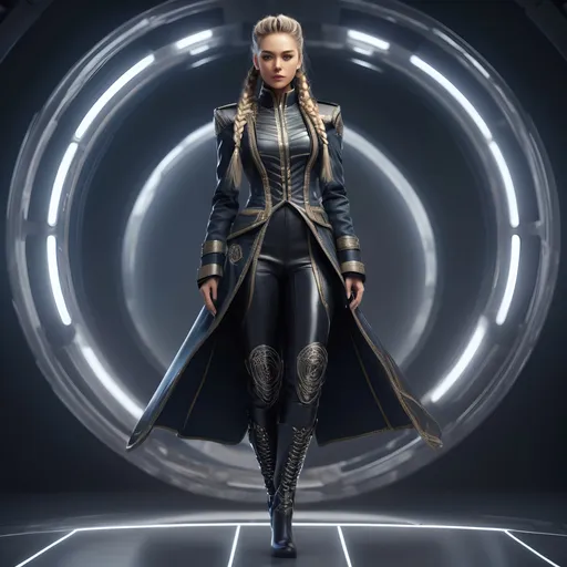 Prompt: photorealistic full-body of a (beautiful) female in a (detailed ceremonial high-ranking military suit), (buttoned coat), (futuristic leather boots), a (gorgeous face) showcasing (detailed features) with (braided hair), in an (elegant pose), emanating (imposing) presence with a (glowing charm), surrounded by (magical radiating lines), set against a (fantasy backdrop) that enhances the (ethereal lighting), ultra-detailed, high-quality.