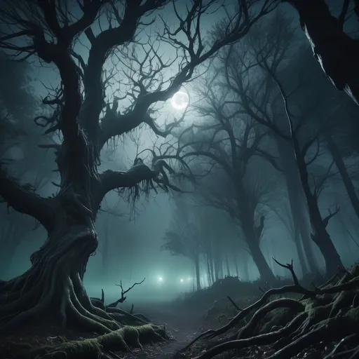 Prompt: Ultra-realistic cinematic still of a dense foggy forest at night, twisted gnarled tree branches, moonlight piercing through fog casting jagged shadows, hyper-detailed textures, desaturated blue and grey tones with hints of sickly green, ominous atmosphere, cinematic lighting, 8k, photorealistic.