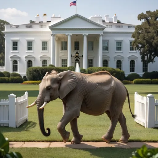 Prompt: Background White House, elephant in front of White House, with right front leg on top of a donkey's back right beyond the fence that circles the White House donkey in front of elephant with elephants right foot on the donkey's back