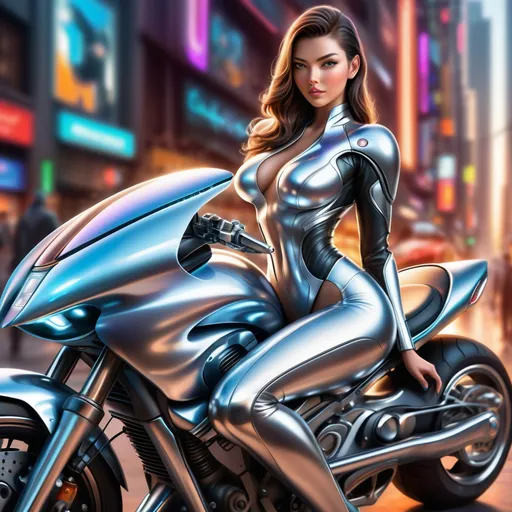 Prompt: (photorealistic) futuristic motorcycle, sleek design, shiny chrome accents, captivating curves, a model posed on the motorcycle seat,  , confident expression, glossy finish, dramatic lighting highlighting the contours, urban futuristic background, vibrant colors, high impact scene, focused on high detail and ultra-realistic textures, HD quality.