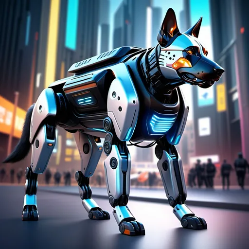 Prompt: (robotic police dog), futuristic design, high-tech weapons integrated, glossy metallic finish, dynamic pose showcasing agility, illuminated tech features, sleek lines, vibrant futuristic colors, high definition, dramatic lighting, sci-fi atmosphere, ultra-detailed mechanical components, advanced sensors, background resembling a modern cityscape with neon lights.