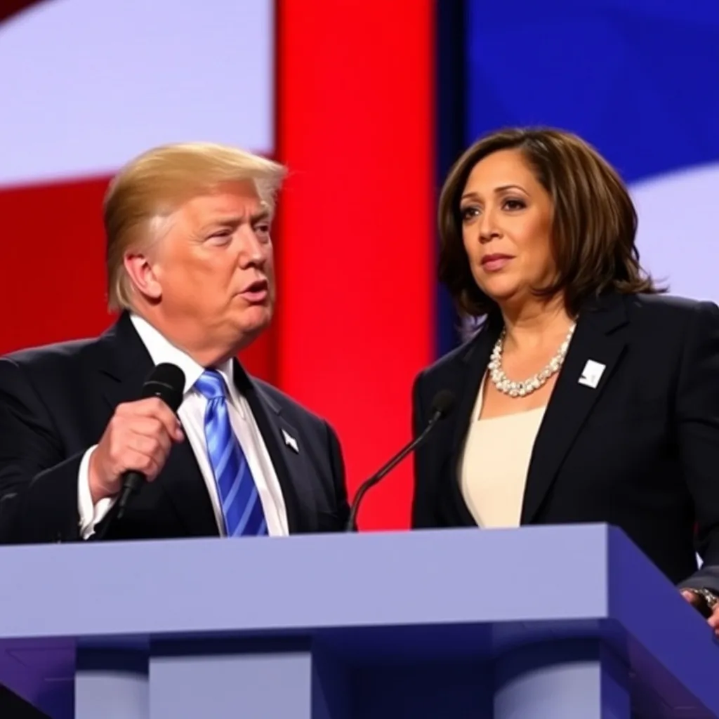 Prompt: Donald Trump and Kamala Harris on the debate stage