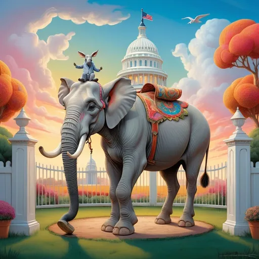 Prompt: (surrealism style), vibrant colors, dreamy atmosphere, (White House) backdrop, an elephant prominently standing, its right front leg placed leisurely atop a donkey, (detailed donkey, no deformities), gentle expressions, bright sky, whimsical scene, circular fence surrounding the White House, imaginative composition, high-quality illustration, ultra-detailed visual elegance.