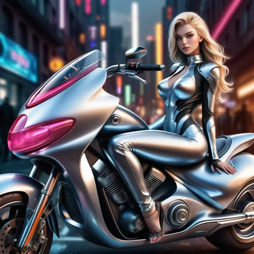 Prompt: (photorealistic) futuristic motorcycle, sleek design, shiny chrome accents, captivating curves, a model posed on the motorcycle seat,  , confident expression, glossy finish, dramatic lighting highlighting the contours, urban futuristic background, vibrant colors, high impact scene, focused on high detail and ultra-realistic textures, HD quality.