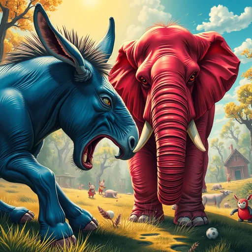 Prompt: (red elephant), (blue colored donkey), dramatic showdown, vibrant colors, high contrast, realistic style, bold lines, whimsical background, surreal atmosphere, extreme tension, bright sunny day, heightened emotions, dynamic poses,  ultra-detailed, whimsical whimsical elements, colorful forest setting, overall angry vibe.