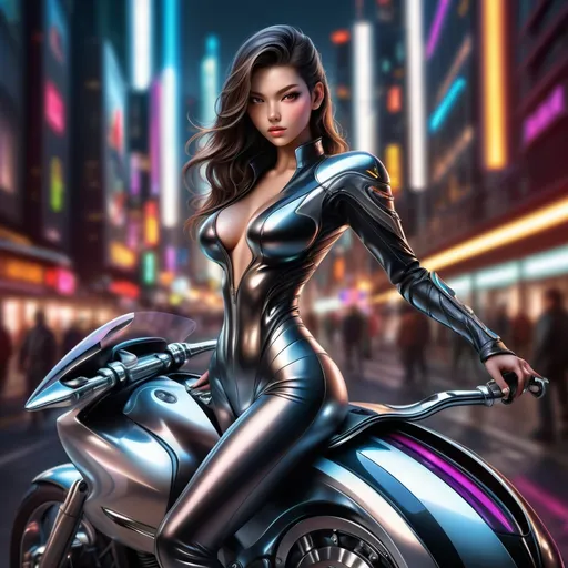 Prompt: (photorealistic) futuristic motorcycle, sleek design, shiny chrome accents, captivating curves, a model posed on the motorcycle seat,  , confident expression, glossy finish, dramatic lighting highlighting the contours, urban futuristic background, vibrant colors, high impact scene, focused on high detail and ultra-realistic textures, HD quality.