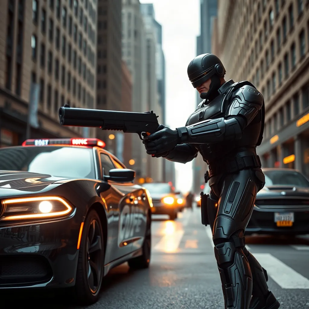 Prompt: Robocop, make an arrest downtown New York city, new Dodge charger car, ultra realism. Very large unique pistol high-caliber modern realistic