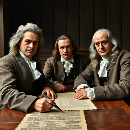 Prompt: Thomas Jefferson, John Adams and Benjamin Franklin drafting out the Declaration of Independence sitting in a wood table old colonial hair, clean-shaven no beards, photogenic look ultra-realistic