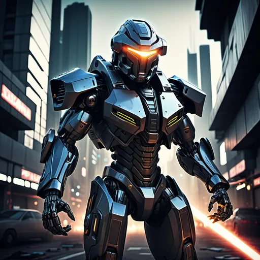 Prompt: (sci-fi super robotic anti-cartel immigrant task force), ultra-detailed, super realistic futuristic weapons, glowing laser beams emanating from helmets, menacing appearance, sleek armor design, dynamic pose, dramatic shadows, intense atmosphere, metallic color tones, dark gritty background, cybernetic enhancements, cinematic lighting, high-tech gadgets, futuristic cityscape in the distance, HD quality.