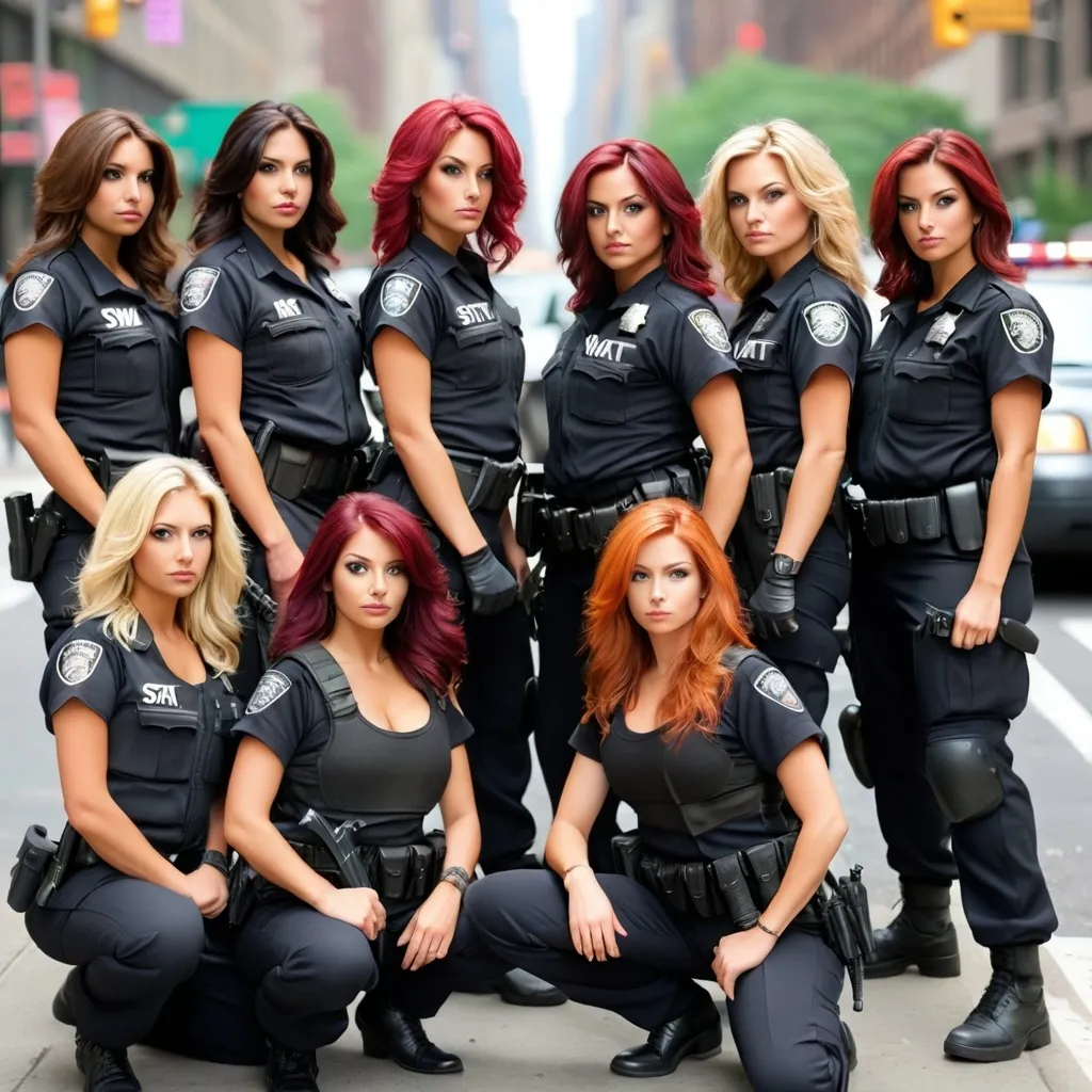 Prompt: An all gorges beautiful women, different hair color and, swat team, no helmets  taking down illegal alien robbers in new York city