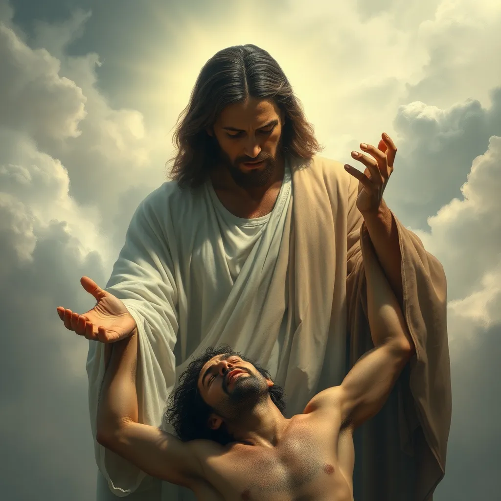 Prompt: (surrealism depiction of Jesus), (clouds enveloping), hands reaching down, (broken man) lifted up, expression of weariness, tired and slumped posture, atmospheric lighting, dreamy ambiance, ethereal scene, blend of serenity and struggle, soft muted colors, (highly detailed), evoking emotions of hope and salvation, blending reality with the divine element, enchanting background of swirling clouds.