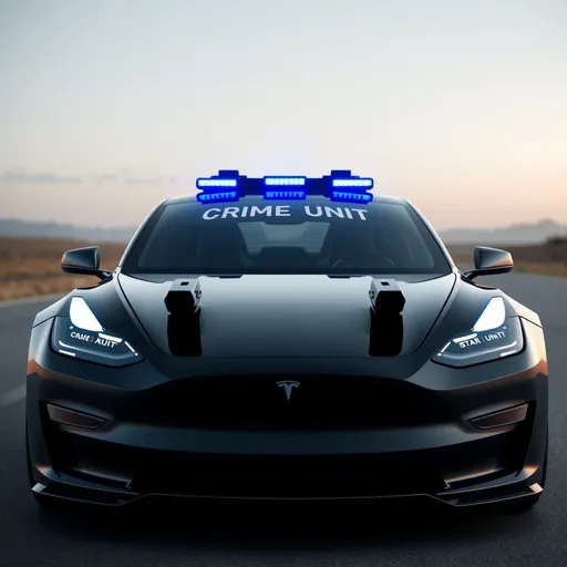 Prompt: Futuristic, Tesla car with all dark tinted windows, solid black super realistic, with realistic weapons that come out from the front good, with decal on front windshield the word saying crime unit, Weapons would be pointed forward, blue lights on the hood ultra realistic and modern