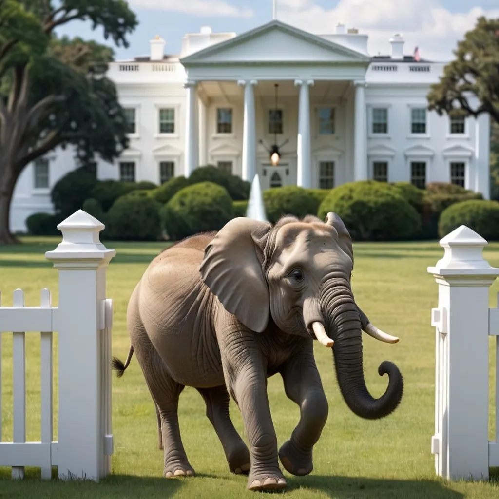 Prompt: Background White House, elephant in front of White House, with right front leg on top of a donkey's back right beyond the fence that circles the White House