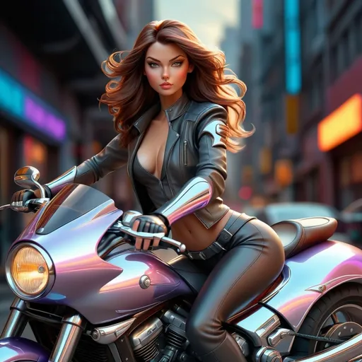 Prompt: (photorealistic) futuristic motorcycle, sleek design, shiny chrome accents, captivating curves, a model posed on the motorcycle seat,  , confident expression, glossy finish, dramatic lighting highlighting the contours, urban futuristic background, vibrant colors, high impact scene, focused on high detail and ultra-realistic textures, HD quality.