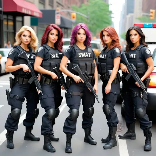 Prompt: An all gorges beautiful women, different hair color and, swat team, no helmets  taking down illegal alien robbers in new York city