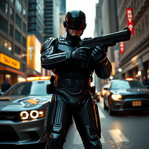 Prompt: Robocop, make an arrest downtown New York city, new Dodge charger car, ultra realism. Very large unique pistol high-caliber modern realistic