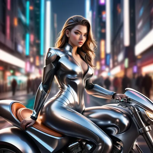 Prompt: (photorealistic) futuristic motorcycle, sleek design, shiny chrome accents, captivating curves, a model posed on the motorcycle seat,  , confident expression, glossy finish, dramatic lighting highlighting the contours, urban futuristic background, vibrant colors, high impact scene, focused on high detail and ultra-realistic textures, HD quality.